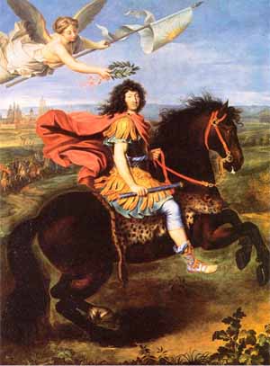 Hình ảnh vua Louis XIV trên lưng ngựa được thiên thần trao cho vương miện nguyệt quế để trị vì muôn dân